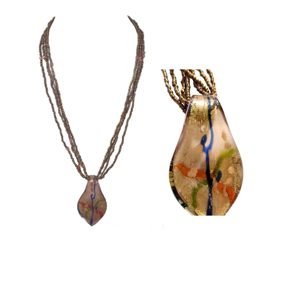Vintage Murano Fused Glass Pendant Necklace: Inlaid with Gold Fleck Accents